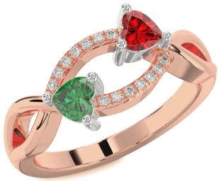Diamond Emerald Platinum & Rose Gold Two Heart Birthstone Ring