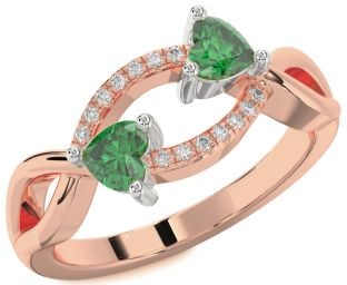 Diamond Emerald Platinum & Rose Gold Two Heart Birthstone Ring