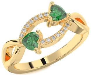 Diamond Emerald Gold Two Heart Birthstone Ring