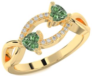 Green Diamond Gold Silver Two Heart Ring