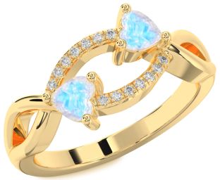 Diamond Moonstone Gold Silver Two Heart Ring