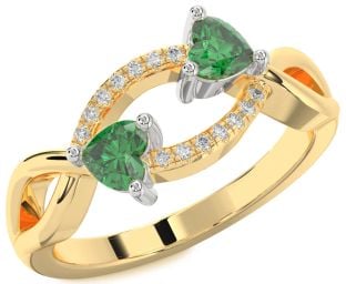 Diamond Emerald Platinum & Yellow Gold Two Heart Birthstone Ring