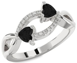Black Diamond Silver Two Heart Ring