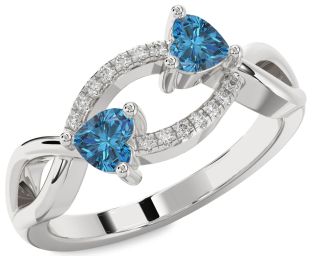 Blue Diamond Silver Two Heart Ring