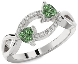 Green Diamond Silver Two Heart Ring