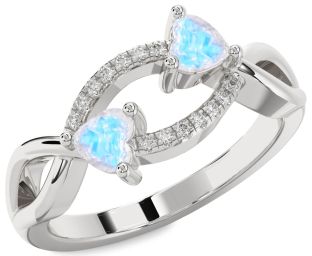 Diamond Emerald Silver Two Heart Birthstone Ring