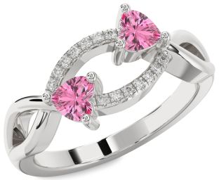 Diamond Pink Sapphire Silver Two Heart Ring