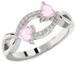 Diamond Rose Quartz Silver Two Heart Ring