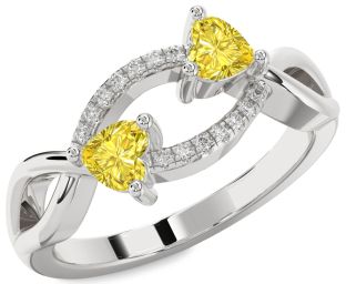 Yellow Diamond Silver Two Heart Ring