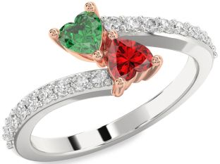 Diamond Emerald Silver & 10K Rose Gold Two Heart Birthstone Ring