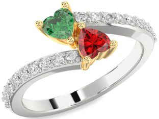 Diamond Emerald Silver & 10K gold Two Heart Birthstone Ring