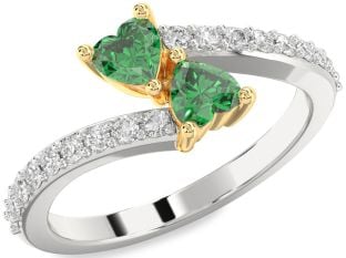 Diamond Emerald Silver & 10K gold Two Heart Birthstone Ring