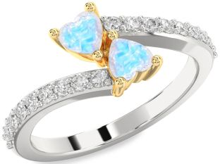 Diamond Moonstone Gold Silver Two Heart Ring