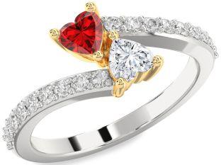 Diamond Emerald Silver & 10K gold Two Heart Birthstone Ring