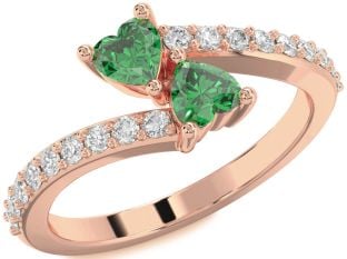 Diamond Emerald Rose Gold Two Heart Birthstone Ring