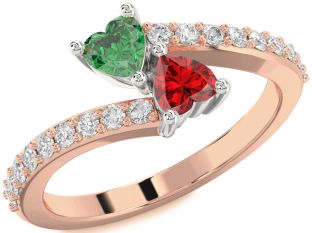 Diamond Emerald Rose Gold Silver Two Heart Birthstone Ring