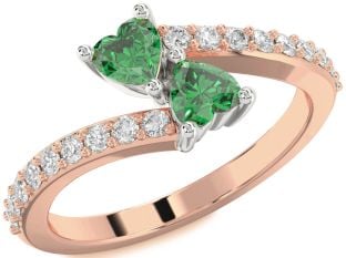 Diamond Emerald Rose Gold Silver Two Heart Birthstone Ring