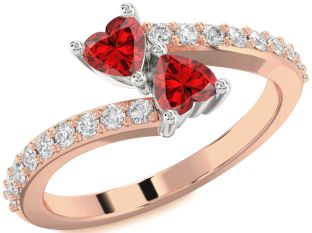 Diamond Emerald Rose Gold Silver Two Heart Birthstone Ring