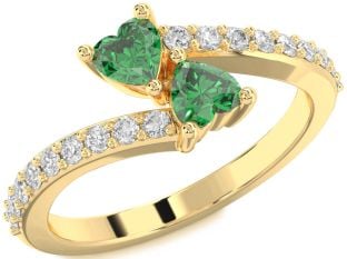 Diamond Emerald Gold Two Heart Birthstone Ring