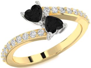 Black Diamond Gold Silver Two Heart Ring