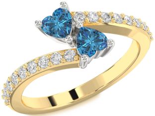 Blue Diamond Gold Silver Two Heart Ring