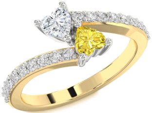 Diamond White Yellow Gold Two Heart Promise Ring