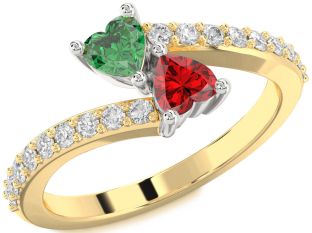 Diamond Emerald Gold Silver Two Heart Birthstone Ring