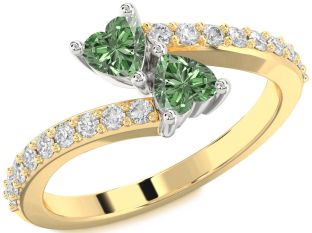 Green Diamond Gold Silver Two Heart Ring