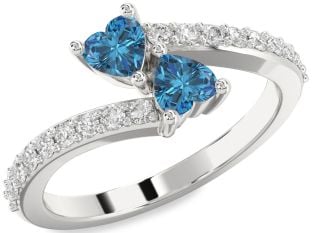 Blue Diamond Silver Two Heart Ring