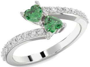 Diamond Emerald Silver Two Heart Birthstone Ring