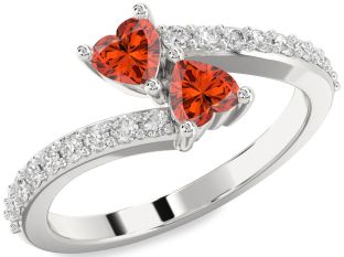 Diamond Fire Opal Silver Two Heart Ring