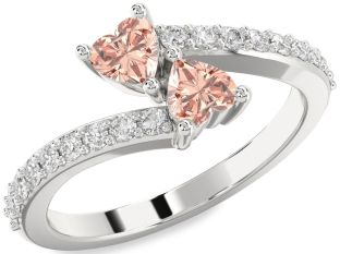 Diamond Morganite Silver Two Heart Ring