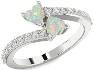 Diamond Emerald Silver Two Heart Birthstone Ring