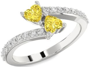 Yellow Diamond Silver Two Heart Ring