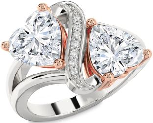 Diamond Silver & 10K Rose Gold Two Heart Ring