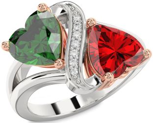 Diamond Emerald Silver & 10K Rose Gold Two Heart Birthstone Ring