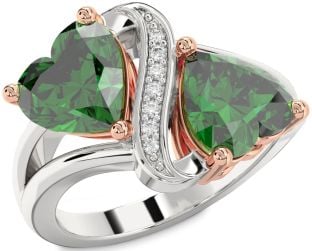 Diamond Emerald White Rose Gold Two Heart Birthstone Ring