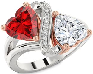 Diamond Emerald Silver & 10K Rose Gold Two Heart Birthstone Ring