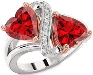 Diamond Emerald Silver & 10K Rose Gold Two Heart Birthstone Ring