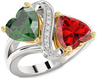 Diamond Emerald Silver & 10K gold Two Heart Birthstone Ring