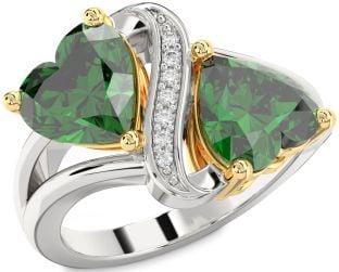 Diamond Emerald Silver & 10K gold Two Heart Birthstone Ring