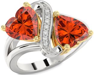 Diamond Fire Opal Gold Silver Two Heart Ring