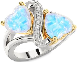 Diamond Moonstone Gold Silver Two Heart Ring