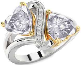 Salt & Pepper Diamond Gold Silver Two Heart Ring
