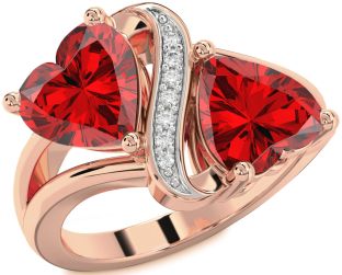 Diamond Emerald Rose Gold Two Heart Birthstone Ring