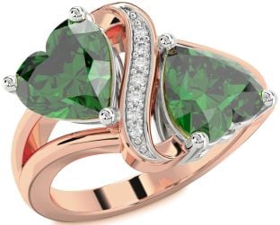 Diamond Emerald Platinum & Rose Gold Two Heart Birthstone Ring