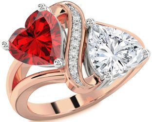 Diamond Emerald Platinum & Rose Gold Two Heart Birthstone Ring