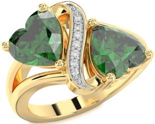 Diamond Emerald Gold Two Heart Birthstone Ring