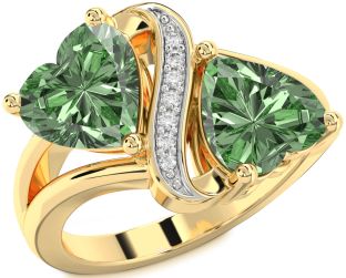 Green Diamond Gold Silver Two Heart Ring