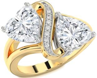 Diamond White Yellow Gold Two Heart Ring